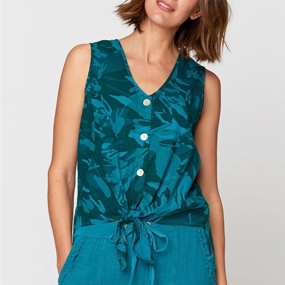 XCVI Wearables Minerva Tank Top Womens Size M Linen Blend Teal Blue Tie Button - Picture 11 of 11